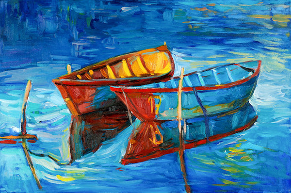 TWO EMPTY BOATS IN BLUE WATER PAINTING